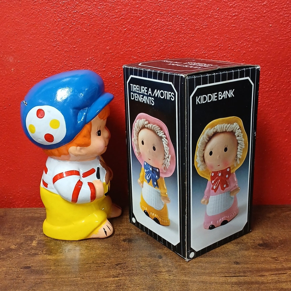 VTG 60s Hand-paint Ceramic 9" Piggy Bank, BOY WITH SLINGSHOT, w/ Original Box - Picture 2 of 5